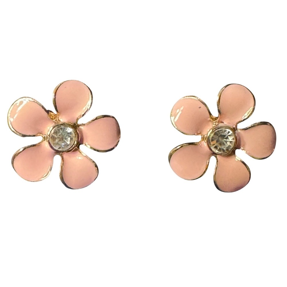 Napier Pink Enamel Flower Stud Earrings Gold Tone Rhinestone Center Floral
